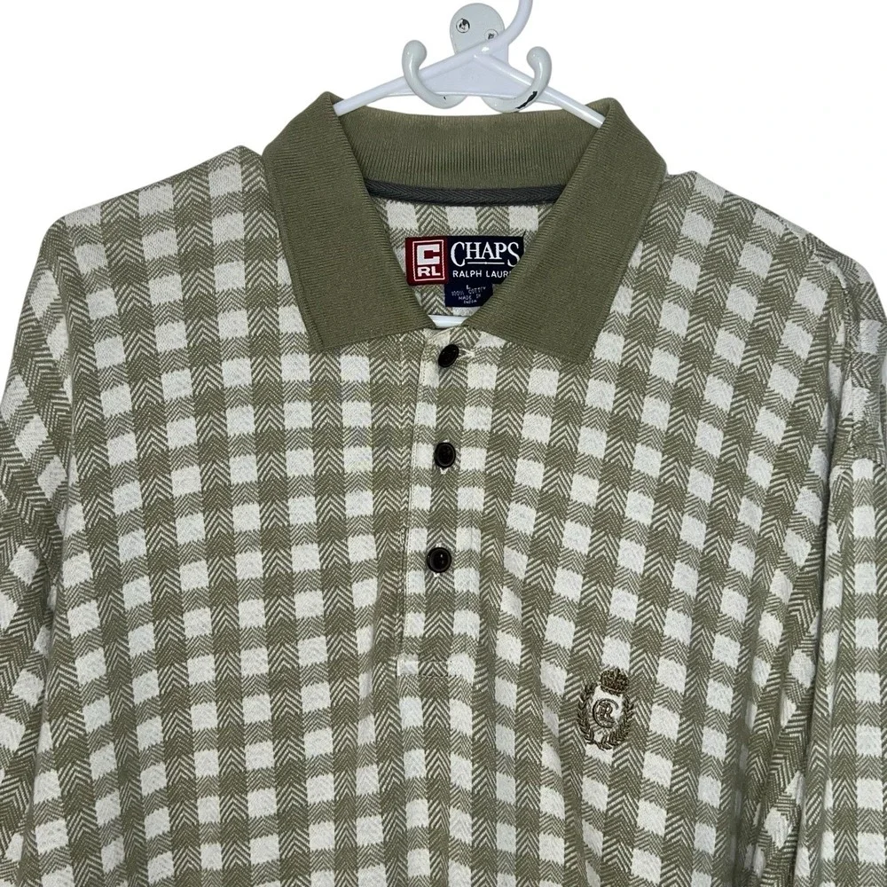 Vintage Chaps By Ralph Lauren Men's‎ Green Gingham Long Sleeve Polo Shirt Large